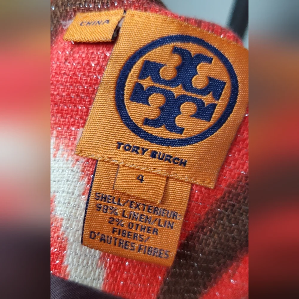 Tory Burch Size 4 Linen Dress Orange/Red Metallic Shimmer and Brown Patterned - Picture 5 of 10